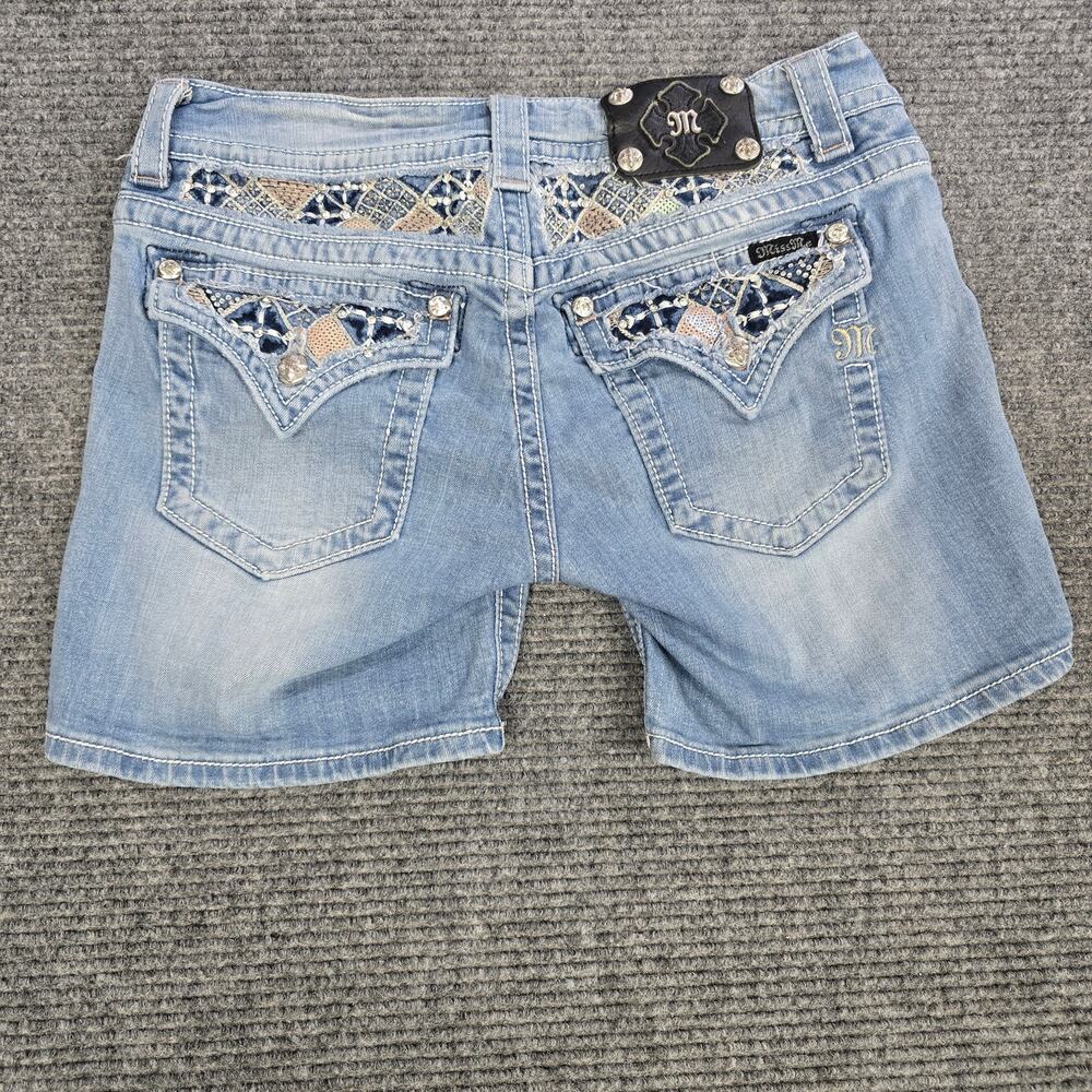 Miss Me Mid Shorts Womens 30 Light Wash Rhinestone Embroidered Denim Bling